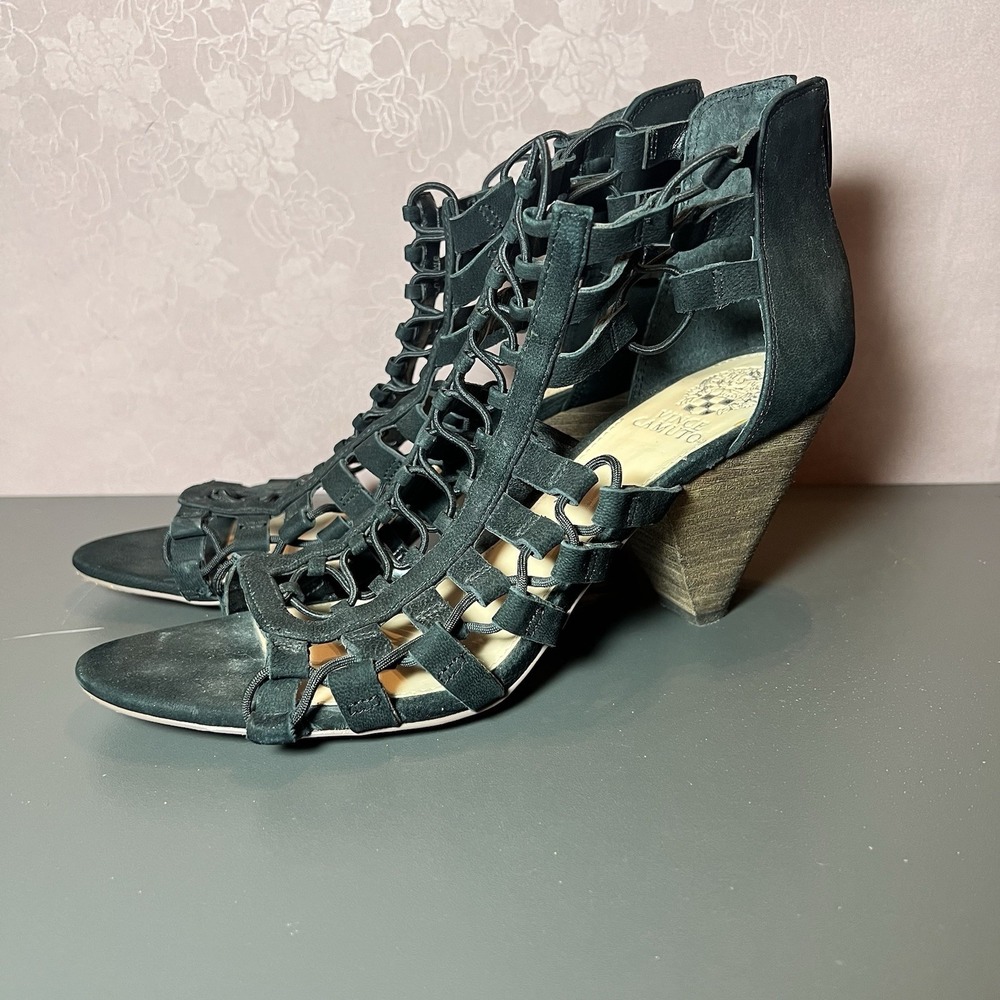Women's size 9 Vince Camuto Olive Green Nubuck‎ Cage Sandals Cone Heel Gladiator